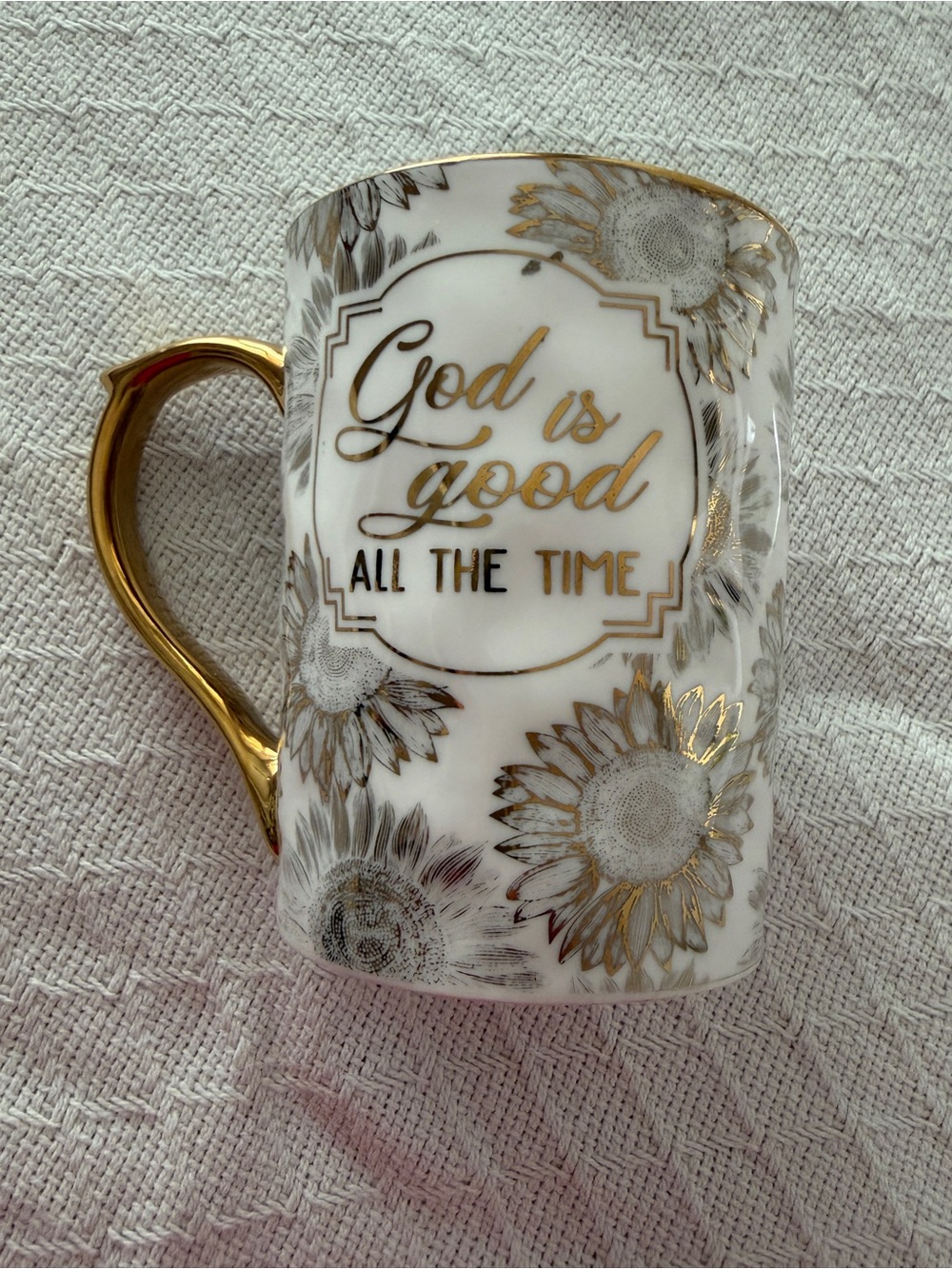 White and Gold Ceramic Mug - "God is Good All the Time"